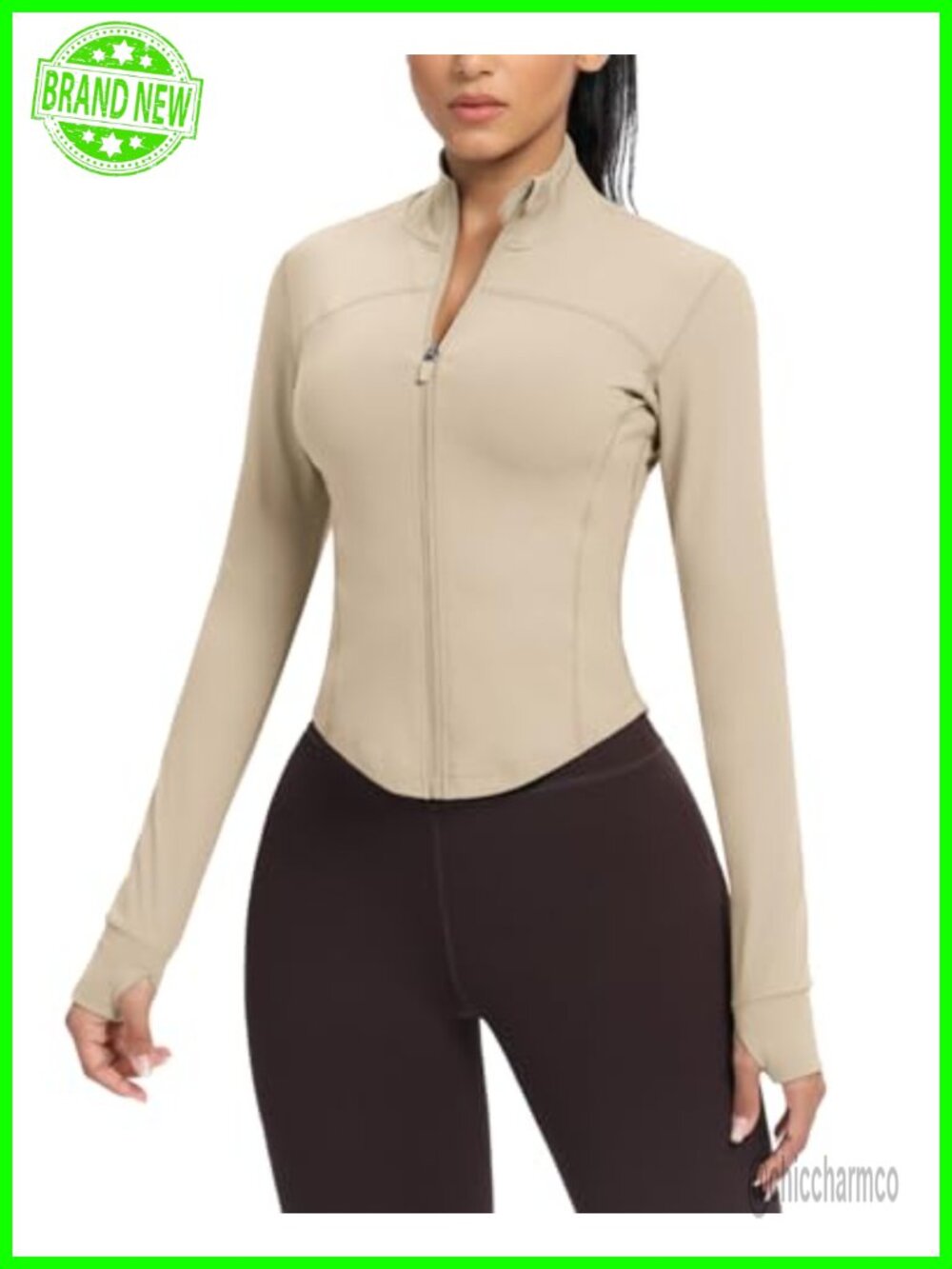 Women's Cropped Running Workout Jacket Zip Slim Fit Thumb Holes